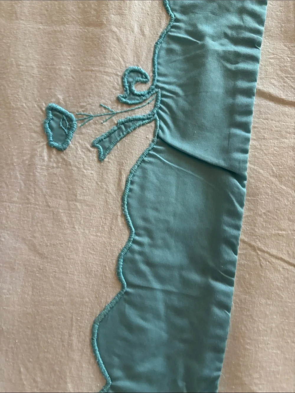 Vintage Hand Made Embroidered Cotton Queen Top Sheet, Teal & White